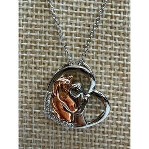 S925 Sterling Silver Horse Girl Embrace Heart Necklace Two Tone Rose Gold 18"